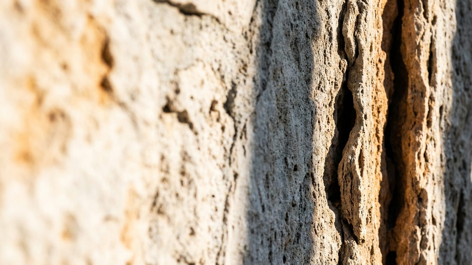 Abstract editorial cover image: hard midday sunlight raking across a weathered pale stone surface, used to represent cumulative sun exposure. Illustrative only; not a clinical image.