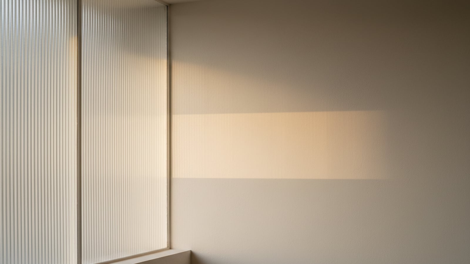 Abstract editorial cover image: afternoon sunlight passing through a frosted glass panel and spreading into a soft, even band of light on a pale surface, used to represent broad-spectrum filtering. Illustrative only; not a clinical image.