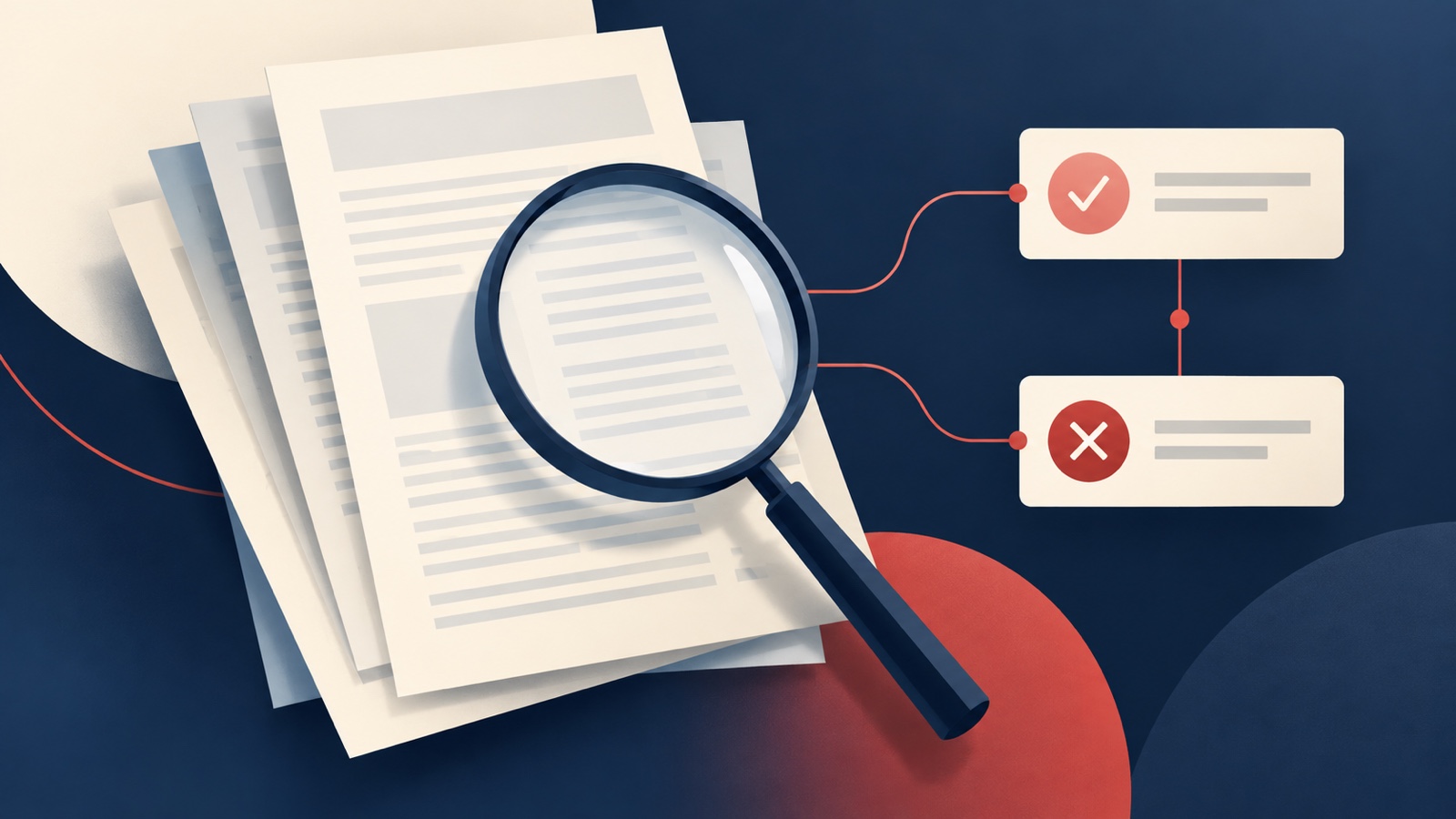 Blank research pages under a magnifying glass beside plain check and X cards.