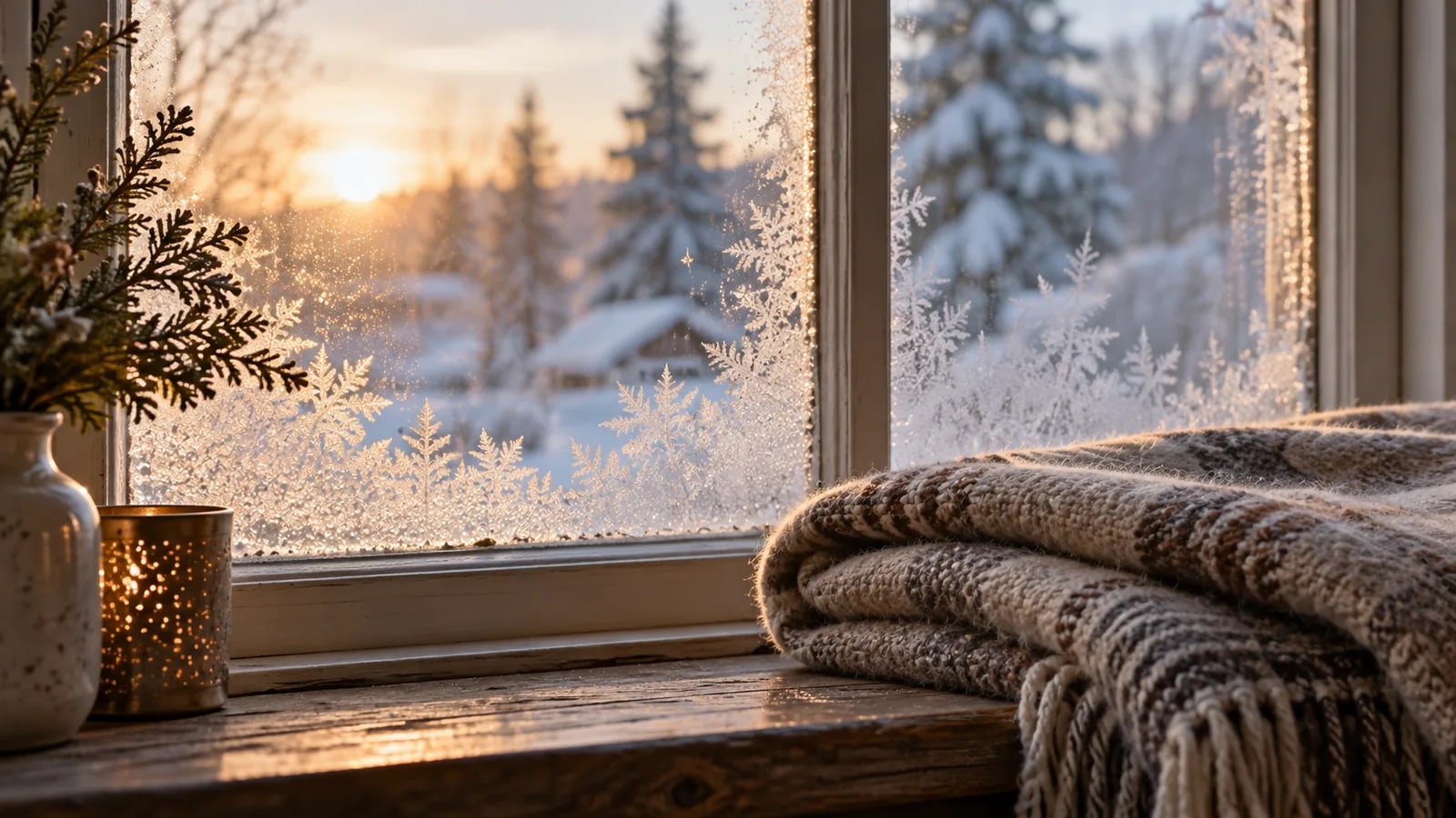 A frosted winter window at sunrise, with a folded wool blanket on the sill and snow-covered trees outside.