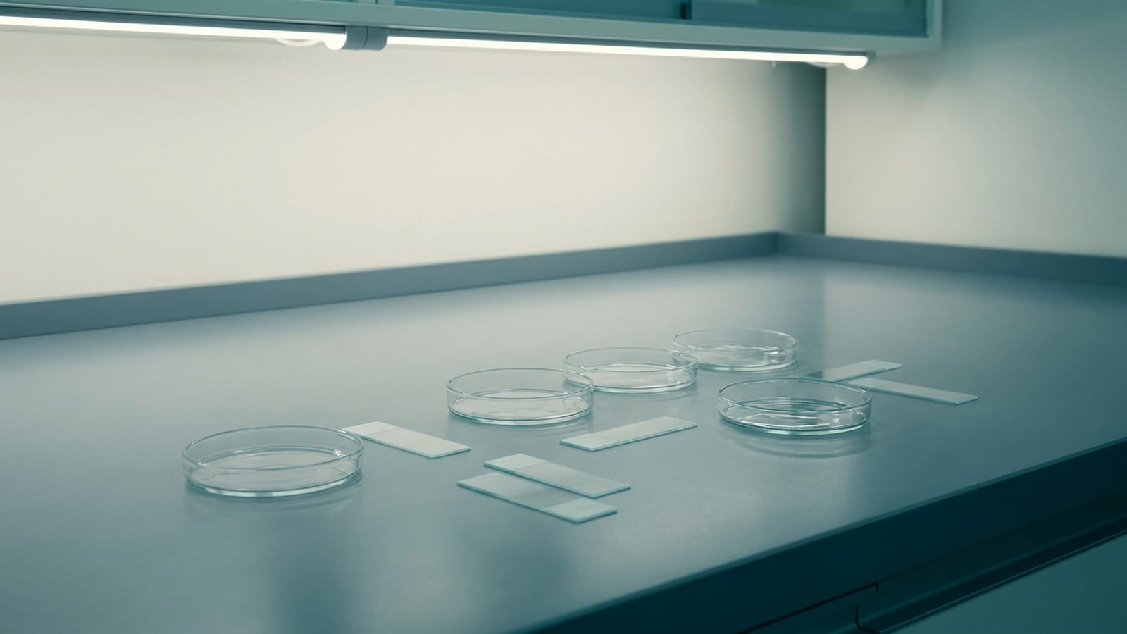 Abstract editorial cover image: empty glass petri dishes and clean microscope slides on a sterile laboratory bench, used to represent species-level laboratory diagnosis. Illustrative only; no specimens shown.