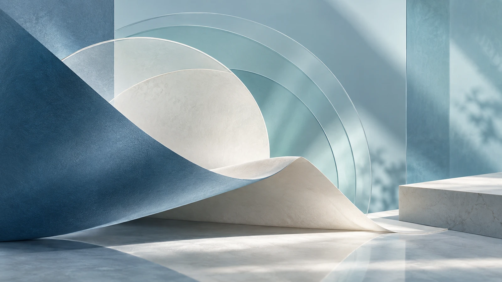 Folded blue and ivory shapes with layered translucent arcs.